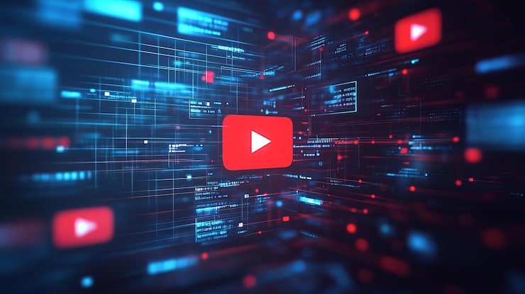 Photo abstrait art numérique youtube bouton de lecture dans un réseau futuriste