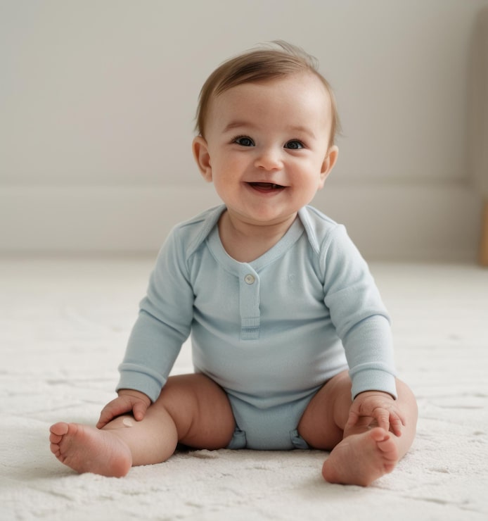 Photo un bébé est assis sur un tapis blanc avec une chemise bleue
