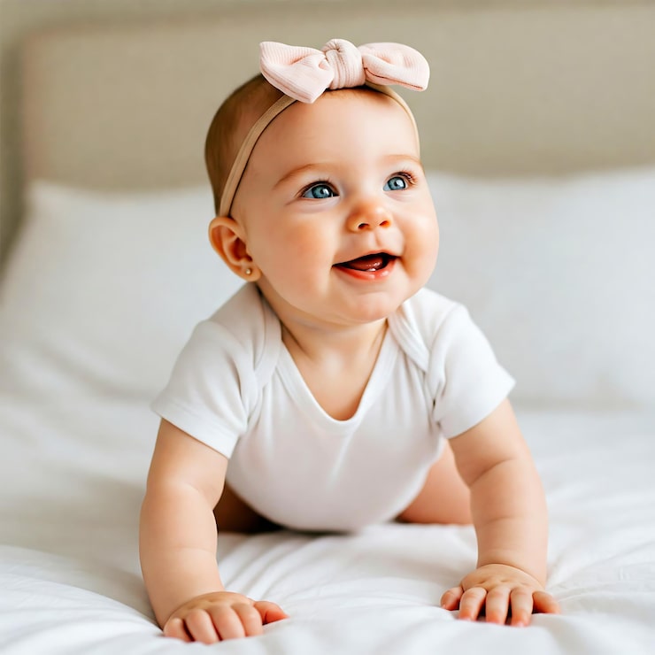 Photo bébé heureux allongé sur le ventre et regardant vers le haut