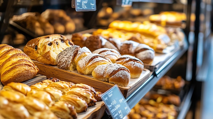 Photo une boulangerie avec des pains et des pains exposés devant eux