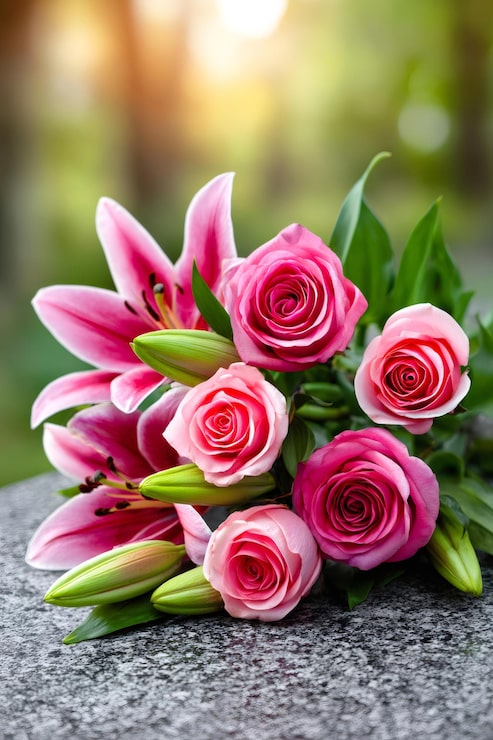 Photo bouquet de lys roses et de roses sur une pierre tombale, en signe de deuil