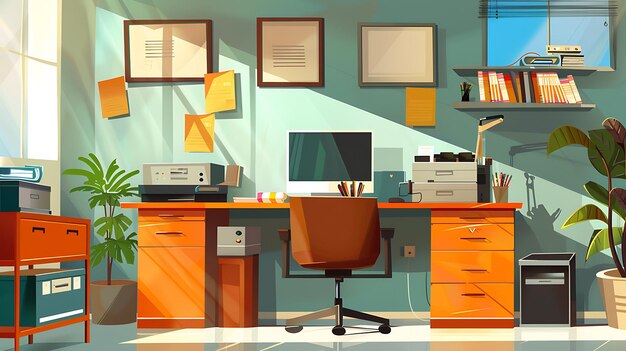 Photo un bureau d'ordinateur avec une image d'un ordinateur sur le mur