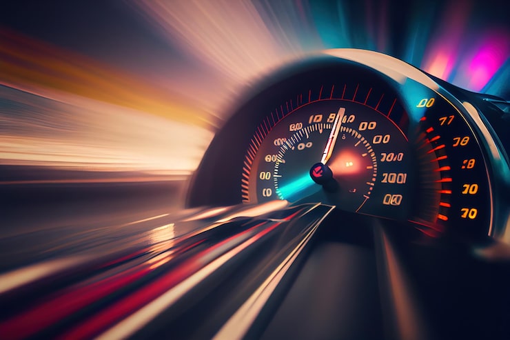 Photo compteur de vitesse d'accélération sur route de nuit dans les rayons de vitesse ai générative