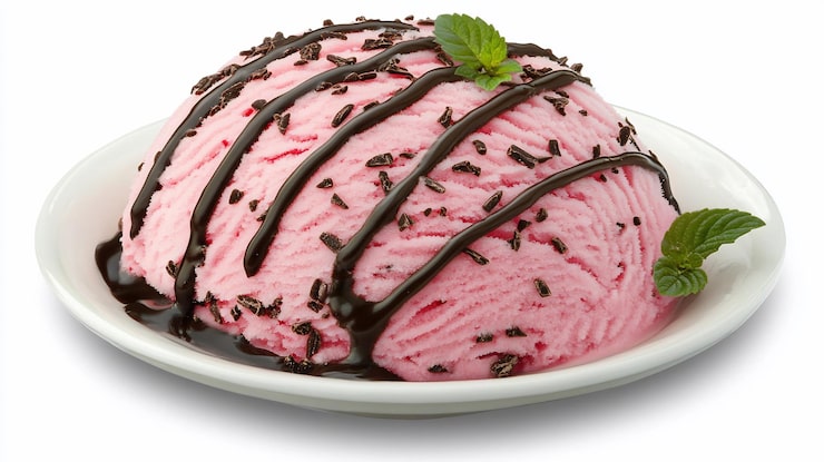 Photo une cuillère de crème glacée rose surmontée de chocolat