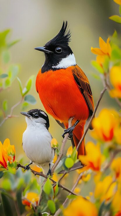 Photo deux oiseaux sont perchés sur un arbre l'un a une poitrine blanche et l'autre noire