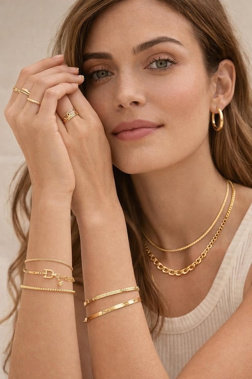 Photo femme élégante présentant une collection de bijoux en or.