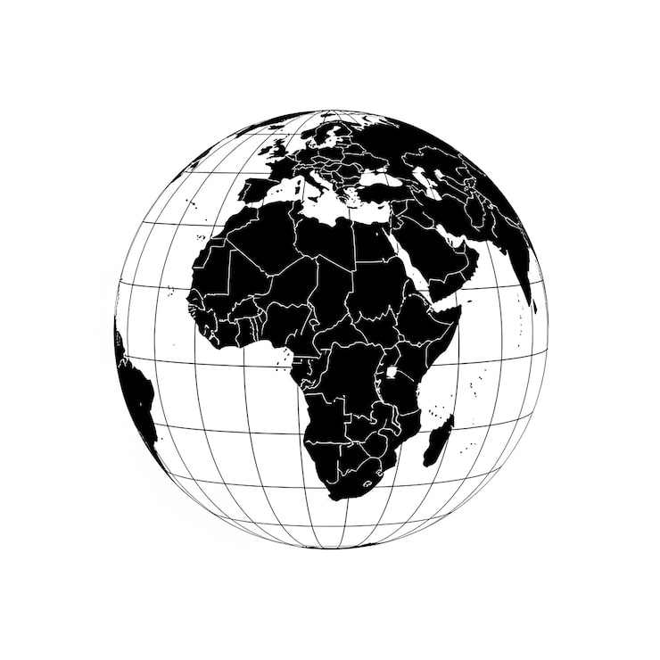 Photo globe terrestre noir et blanc avec continents et quadrillage
