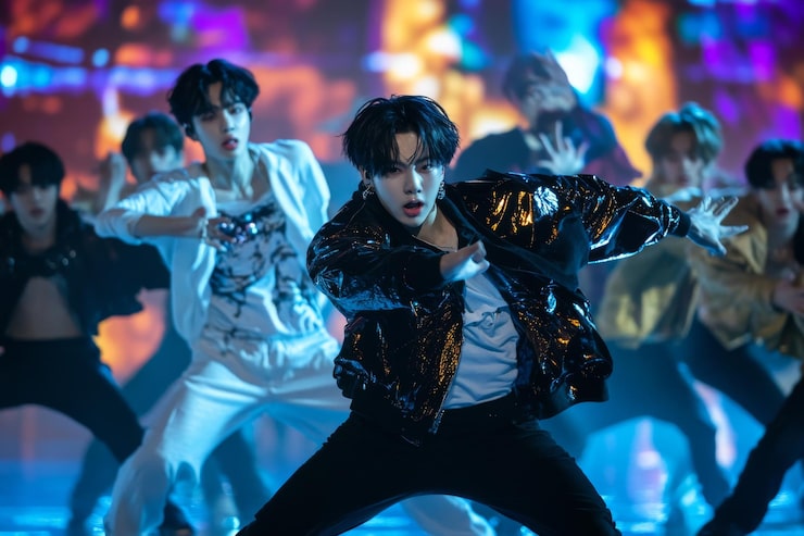 Photo un groupe d'idoles kpop exécutant une danse complexe en parfaite synchronisation
