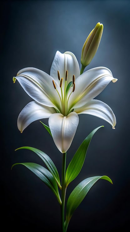 Photo un lis blanc avec une tige verte et des feuilles de lis blanc