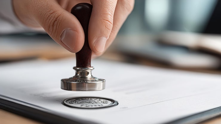 Photo main apposant un sceau de cire traditionnel sur un document officiel