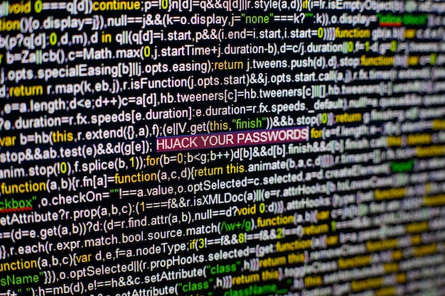 Photo photo macro de l'écran de l'ordinateur avec le code source du programme et détourner vos mots de passe en surbrillance