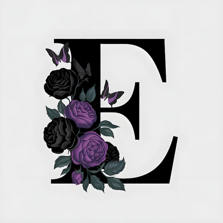 Photo une photo en noir et blanc de fleurs et de feuilles avec la lettre e dessus alphabet design