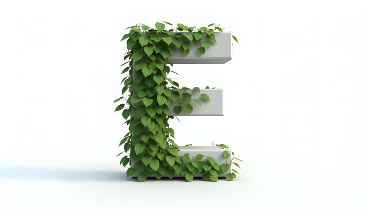 Photo rendering 3d de la lettre e avec du feuillage vert