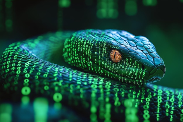 Photo un serpent entrelacé avec un code binaire représentant l'automatisation python dans la programmation de la photographie