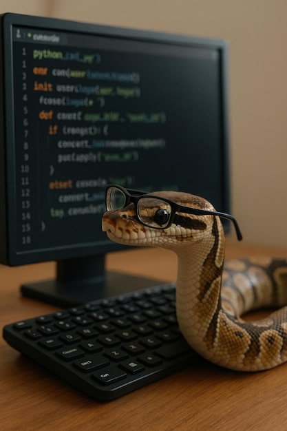 Photo serpent python, codage, lunettes, ordinateur