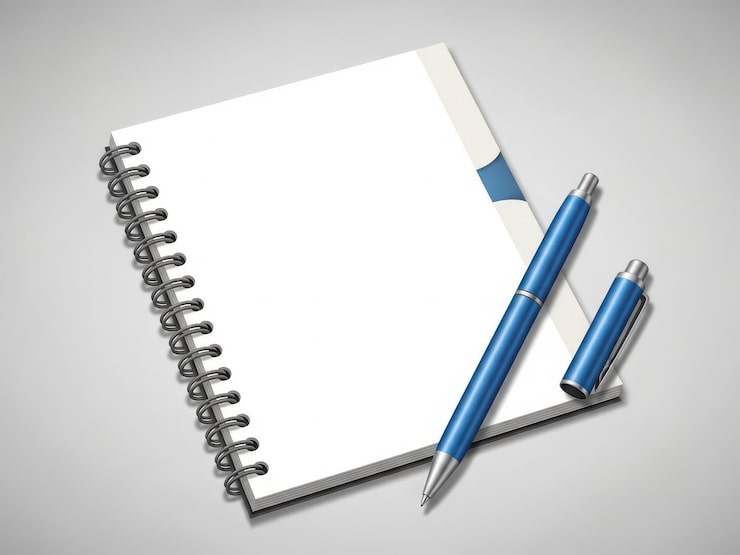 Photo stylo bleu et carnet à spirale avec un drapeau sur fond blanc