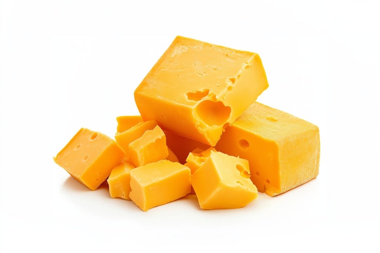 Photo vue rapprochée des blocs et des morceaux de fromage cheddar jaune vif montrant la texture