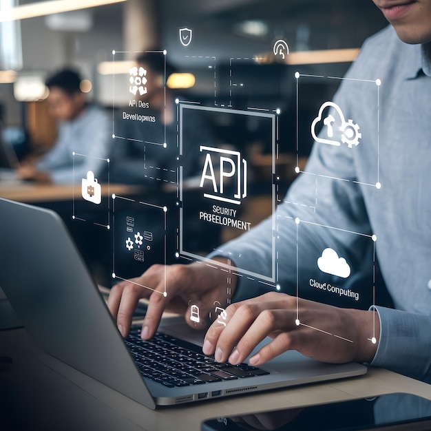 Foto api application programming interface konsept en programmerer skriver på en bærbar datamaskin