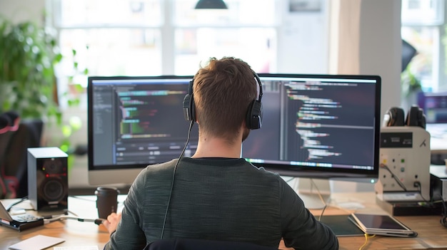 Foto data programmerer mann som skriver programkode på datamaskin online arbeid hjemmefra