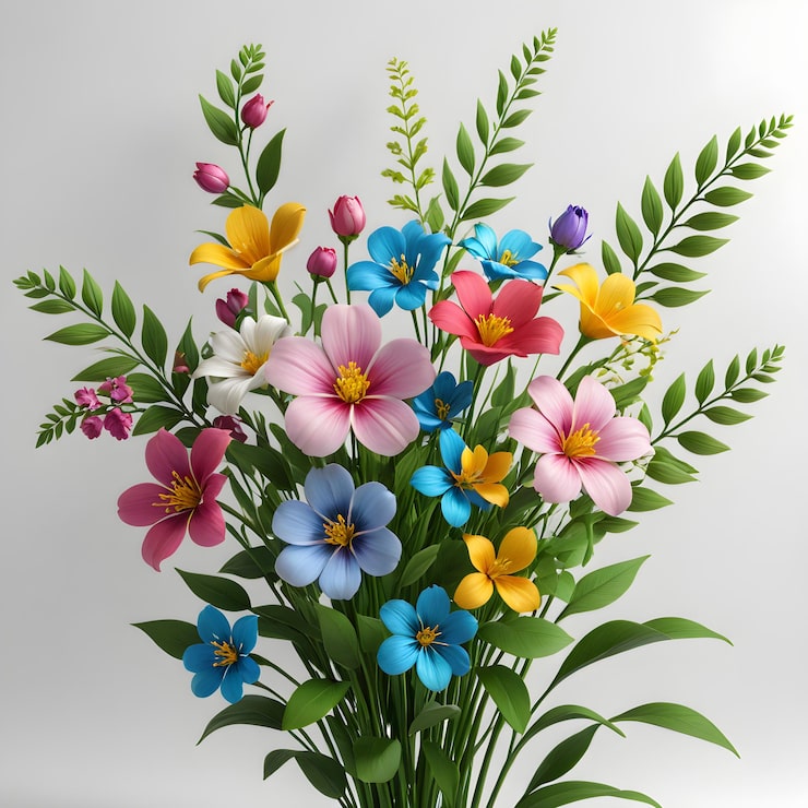 Foto en blomsterbukett med hvit bakgrunn med et grønt blad