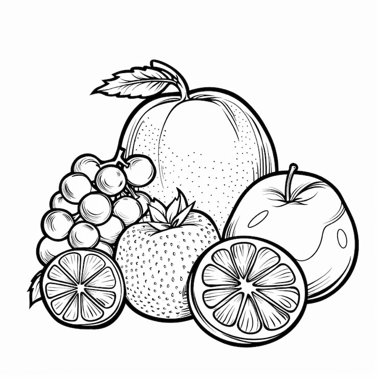 Foto en tegning av epler epler og appelsiner med en tegning av epler