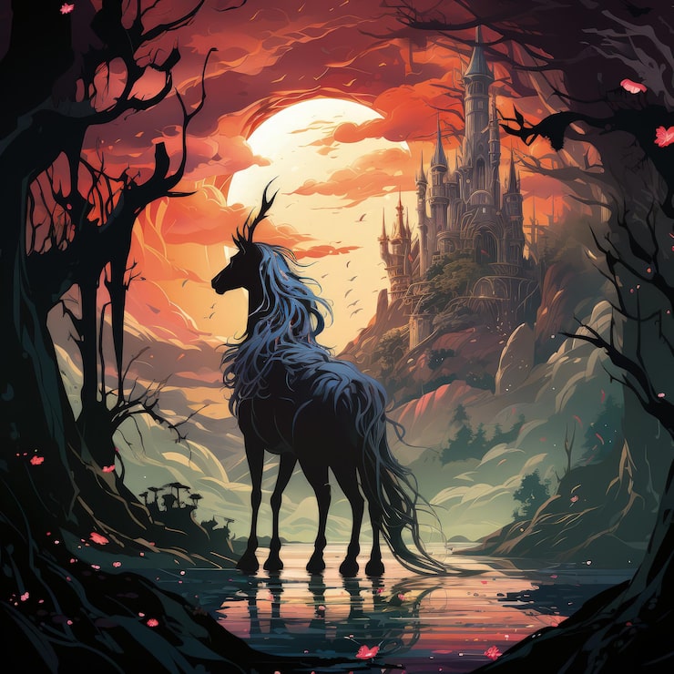 Foto fantasy kunstverk som skildrer den siste enhjørningen under måneskinn