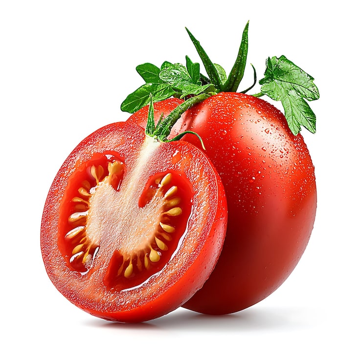 Foto fersk rød roma-tomatskive isolert på hvit bakgrunn