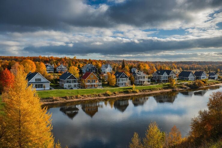 Foto høstlandskap med hus ved elvebredden