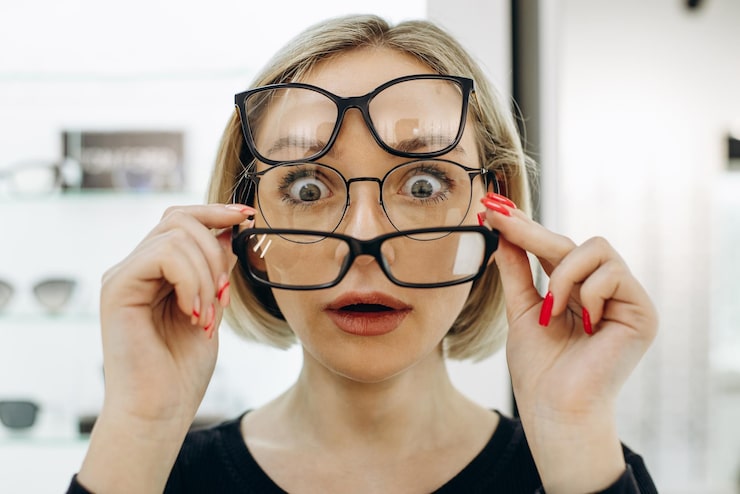 Foto kvinne velger et par briller i optikerbutikken