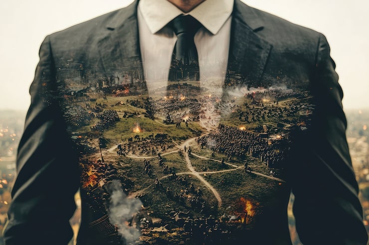 Foto mann i dress med slagmark i dobbelteksponering, illustrasjon