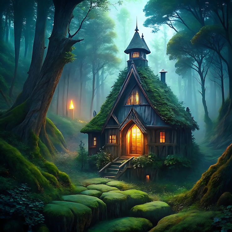 Foto mystisk skogscene med et hobbitlignende kort 4-hus