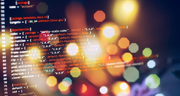 Foto security code on a computer display close up database bits access stream visualisation php language and coding function developer