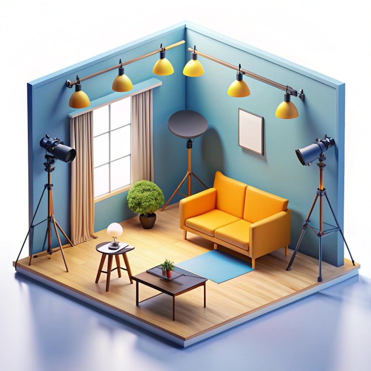 Foto studio set 3d-illustrasjon isolert på hvit bakgrunn