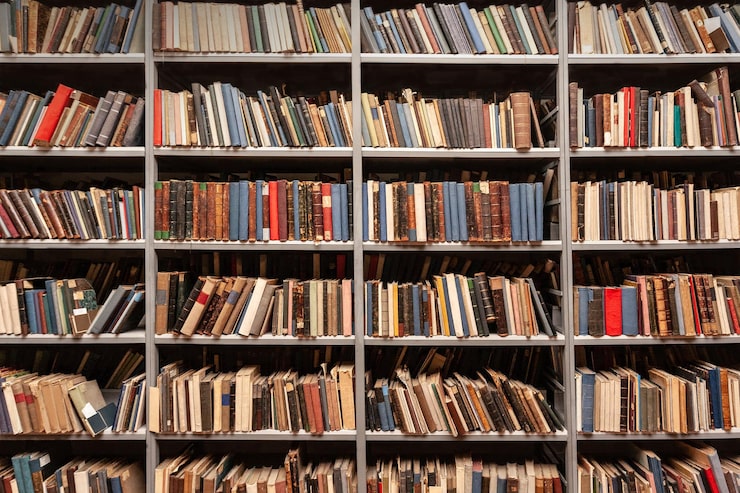 Foto utsikt over hyller med gamle bøker i biblioteket