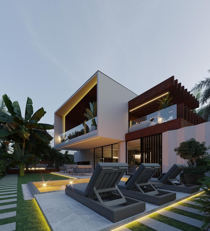 Bild 3d-visualisering av en modern villa i dubai. fastigheter i förenade arabemiraten. lyxig arkitektur. kväll