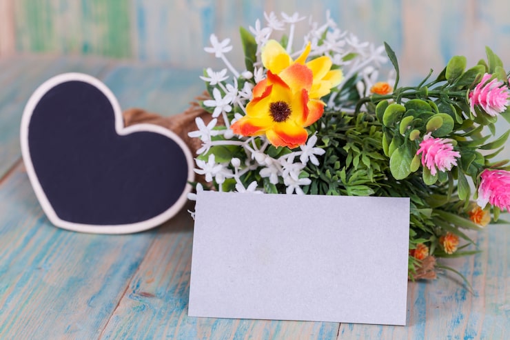 Foto blomsterbuket med blankt papirmærke.