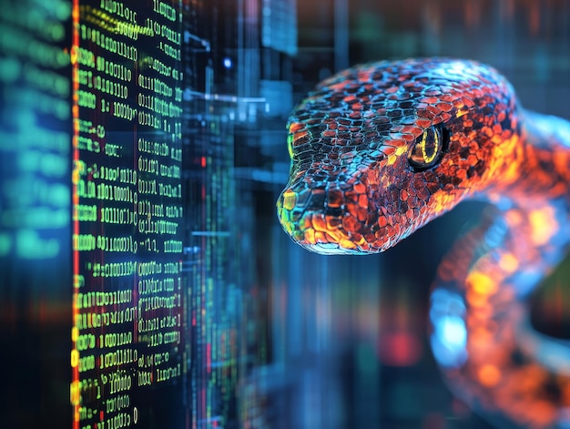 Foto computerskærm, der viser pythonkode med digital slange, der repræsenterer data engineering programmering