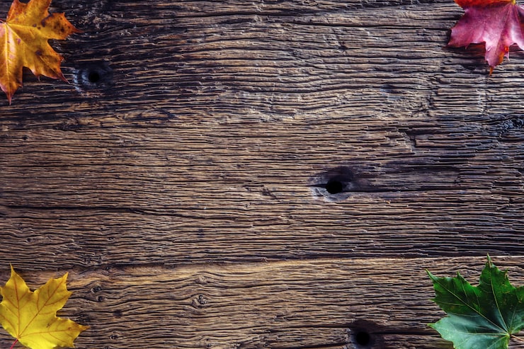 Foto efterårsblade. efterårsfarverige blade på rustikt træbord.