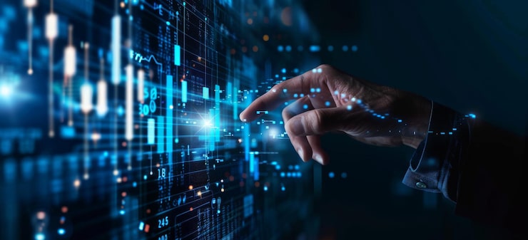 Foto forretningsmand interagerer med virtuel skærm, der viser data og diagrammer