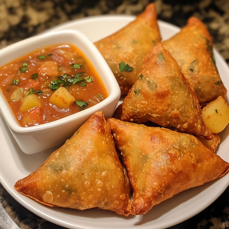 Bild ganska varma samosas laddade med smaksatta potatisar