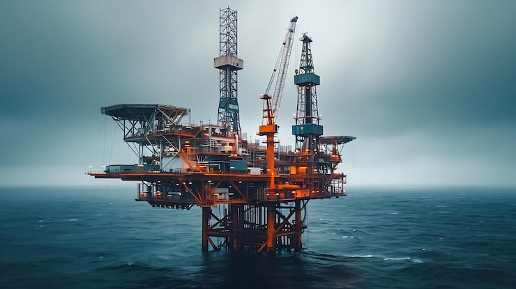Foto offshore olieplatform under byggeplads i havneområdet generativ ai