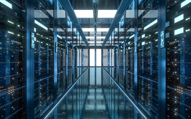 Foto serverracks i computernetværkssikkerhedsserversalsdatacenter 3d-rendering