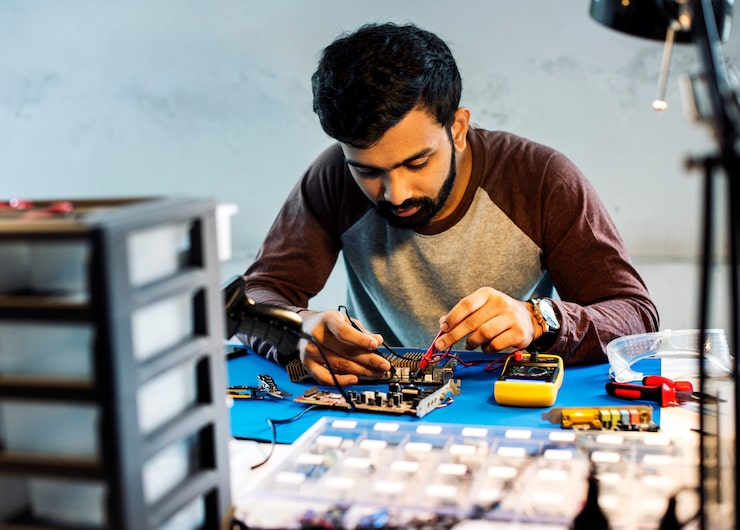 Bild tekniker som använder multimeter med elektroniska datorkomponenter