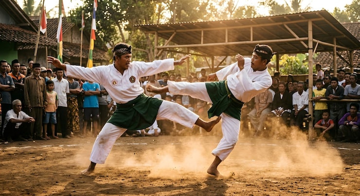Bild traditionell pencak silat kampsportsdemonstration, västra java, indonesien.