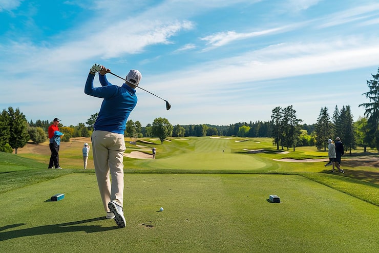 Fotoğraf güzel güneşli yeşil golf sahasında golf oynayan adam