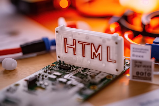 Фотография 3dprinted html логотип на технологическом оборудовании концепция веб-программирования и дизайна