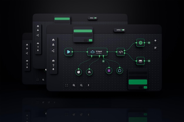 Foto ai workflow automatisering kunstmatige intelligentie software interface nodes triggers data tool dashboard
