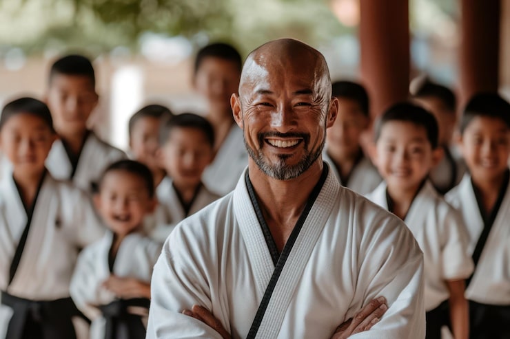 Foto aikido-studenten leren vechtkunsten in een traditionele dojo