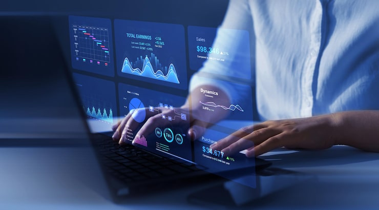 Foto business finance data analytics graphfinancial management technologyadvisor met behulp van kpi dashboard op virtueel scherm