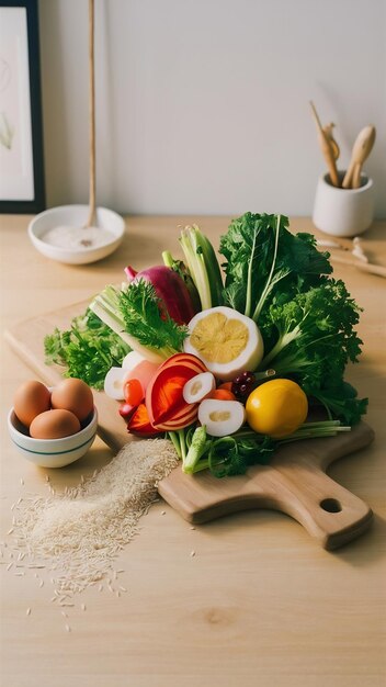 Photo 桌子上有蔬菜,蛋和大米粒子包圍的切割板